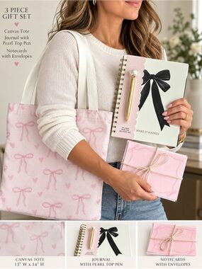Pink Bow Print canvas Tote w/
Journal and Coordinating
Notecards Gift Set NWOT